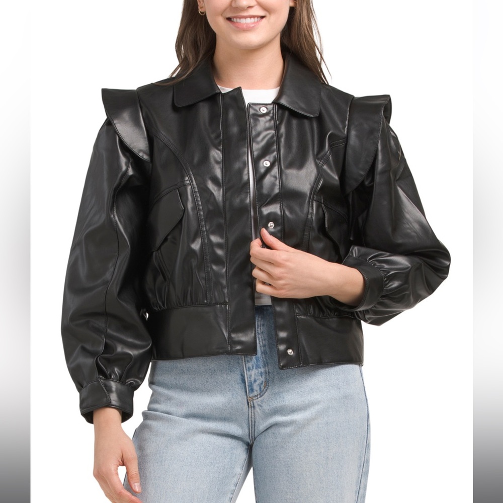 Faux Leather Flutter Sleeve Black Women's Jacket Size M